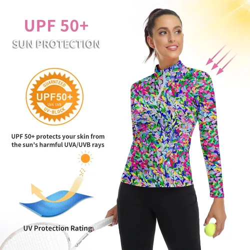 Vista 2 de WOWENY - Camiseta de manga larga con cremallera de 1/4 para mujer, con cuello, para hacer deporte, con estampado, para tenis Hoja multicolor.