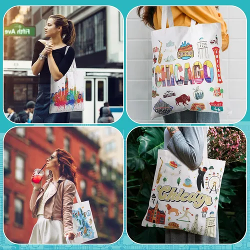 Vista 6 de Bolsas de lona Chicago de 9 piezas, regalo de recuerdo, bolsa de compras para regalos de viaje