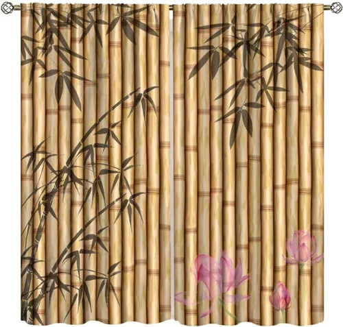 Vista 16 de Cortinas con estampado de bambú, diseño de loto rosa asiático japonés, tela de poliéster, tratamiento de ventana para dormitorio, sala de estar