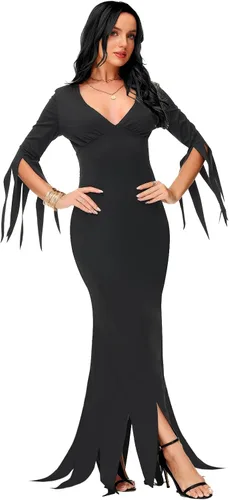 Vista 5 de AOBUTE Disfraz de Morticia de Halloween para mujer, vestido largo ajustado con cuello en V