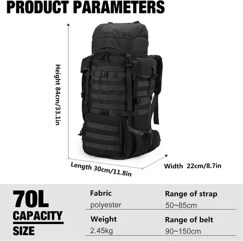 Vista 2 de Mardingtop 70L Mochila con armazón interno para caza, camping, senderismo; mochila con cubierta para la lluvia Negro