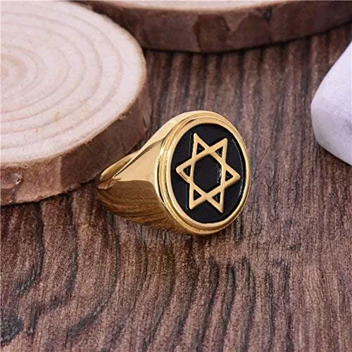 Vista 2 de jajafook Hexagrama six-pointed judío estrella de David incrustaciones banda de boda anillos para hombres tono de oro
