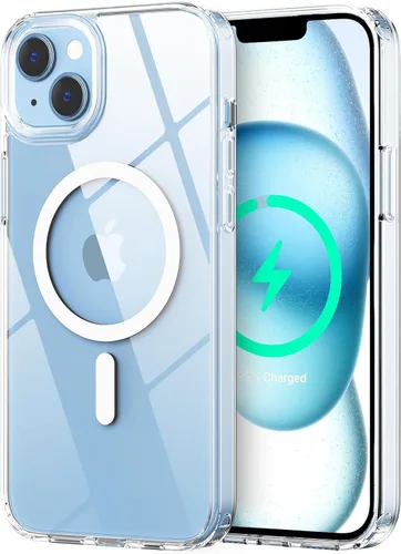 Vista 25 de Funda magnética para iPhone 13, compatible con MagSafe, protección de grado militar, parte trasera dura transparente y marco de TPU suave, funda