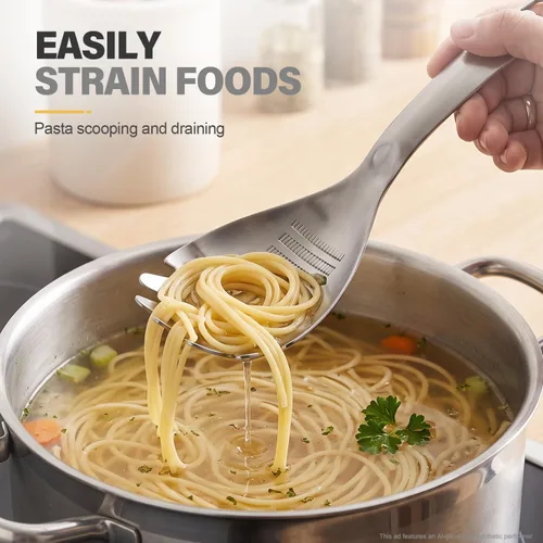 Vista 5 de Cuchara de cocina multifunción de acero inoxidable 5 en 1, cuchara ranurada Herramientas de cocina para triturador de ajo y patata, abrebotellas
