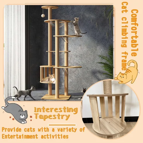 Vista 3 de Árbol para gatos de 183 cm para gatos de interior, grande para adultos, con 4 cuencos, 12 postes de rascar de sisal, 1 jaula para gatos, posadero