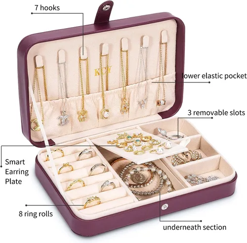 Vista 2 de KCY Joyero para mujeres y niñas, estuche organizador de joyas de viaje pequeño, de piel sintética, portátil, cajas de almacenamiento para anillos