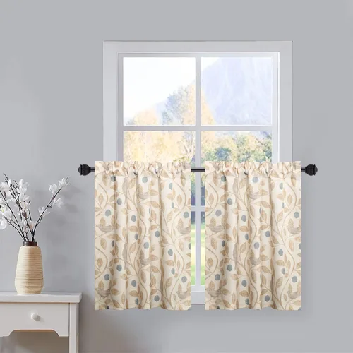 Vista 25 de VOGOL Cortinas con estampado de pájaros campestres, 30 x 24 pulgadas, 2 paneles, beige Linen Look Texture, Decorative Small Window Treatment