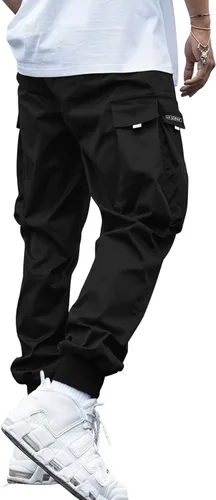 Vista 2 de OYOANGLE - Pantalones de jogger de calle con cordón, bolsillo con solapa y gráfico de letras, casuales, para hombre