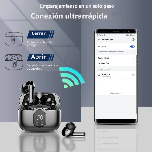 Vista 5 de Auriculares inalámbricos, Auriculares Bluetooth 5.4 con graves estéreo, Auriculares intrauriculares con micrófono de cancelación de ruido y pantalla