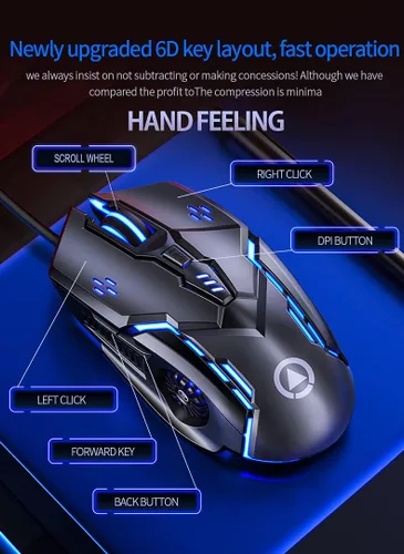 Vista 3 de Ratón para juegos con cable, USB óptico para ordenador con retroiluminación RGB, 4 DPI, clic silencioso, ratón ergonómico para ordenador portátil