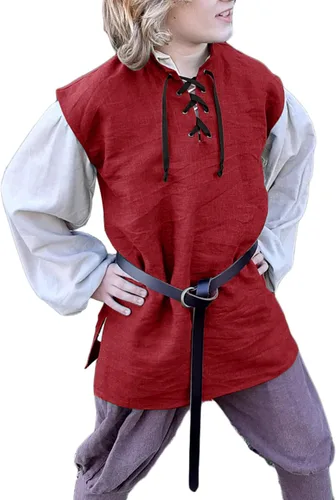 Vista 4 de Camisetas de pirata renacentista para niños, estilo vikingo, medieval, sin mangas, con cordones, de algodón escocés
