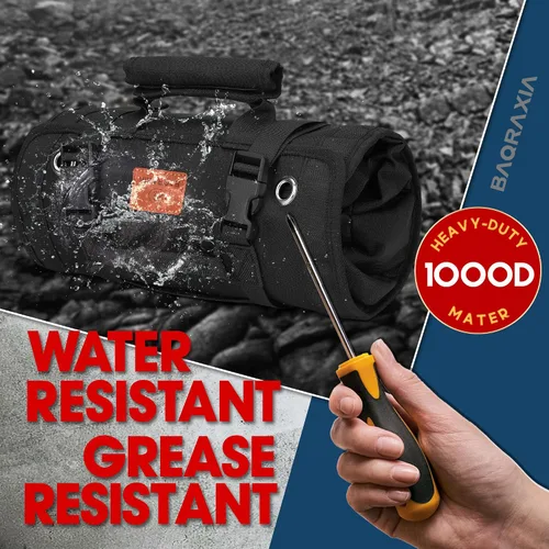 Vista 13 de BAQRAXIA Bolsa de herramientas, caja de herramientas pequeña enrollable, organizador de herramientas resistente con 2 bolsas de herramientas Negro