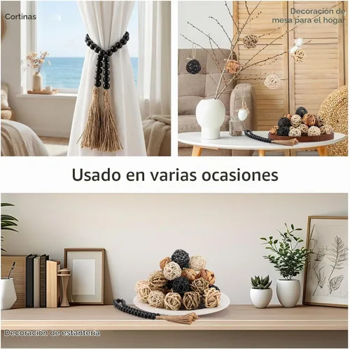 Vista 6 de Halloscume 31 piezas de bolas decorativas de mimbre y ratán con guirnalda de cuentas de madera de 30.3 pulgadas, centros de mesa, cuencos, orbes
