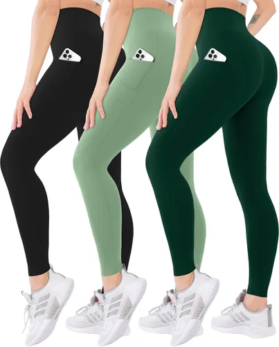 Vista 15 de Blisset - Paquete de 3 leggings de cintura alta para mujer con bolsillos, pantalones suaves y activos para control de abdomen, ideales para yoga
