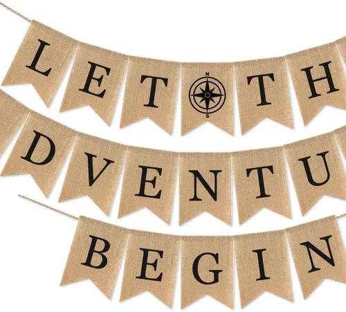 Vista 3 de SWYOUN Cartel de arpillera con texto en inglés «Let the Adventure Begin», suministros para fiestas temáticas de viaje, baby shower, graduación