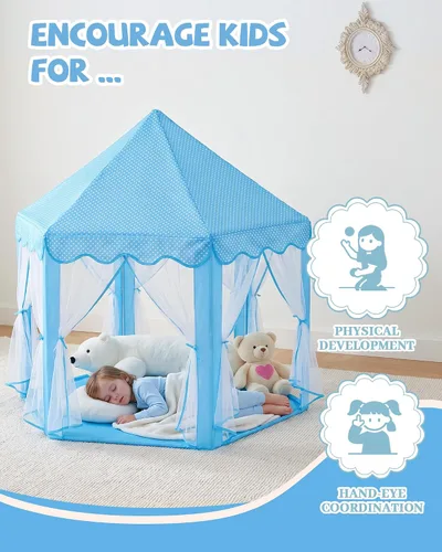 Vista 5 de Sumbababy - Tienda de campaña de castillo de princesa para niñas, de juego, hexagonal, azul, con luces de estrella de hadas, juguetes para niños