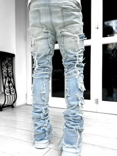Vista 5 de Kodaruber Jeans apilados para hombre, ajustados, rasgados, elásticos, desgastados, rectos, pantalones de mezclilla hip hop, ropa de calle