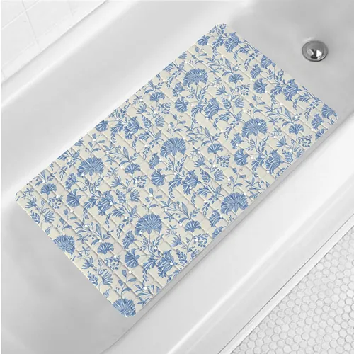 Vista 10 de Tapete de baño floral bohemio morado antideslizante con flores abstractas para ducha, tapete de baño botánico para bañera con ventosas y agujeros
