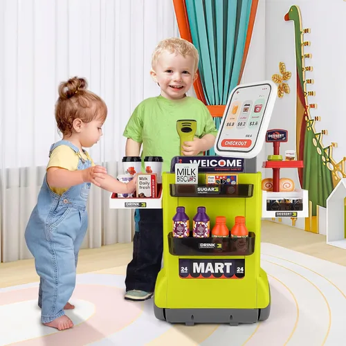 Vista 3 de deAO Juego de caja registradora para niños, 48 piezas de supermercado, juego de simulación de caja registradora con escáner, juego de alimentos