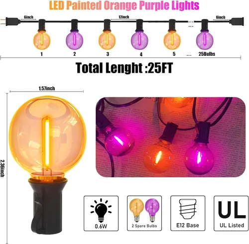 Vista 2 de Luces de Navidad Moradas y Naranjas, 25 pies, 27 unidades, luces de cadena LED G40 de Navidad, luces de decoración de interiores para patio al aire