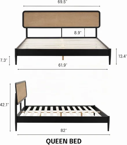 Vista 2 de NTC Lupin - Base de cama de madera con cabecero, base de madera de roble macizo y goma con listones silenciosos y soportes centrales de madera Negro