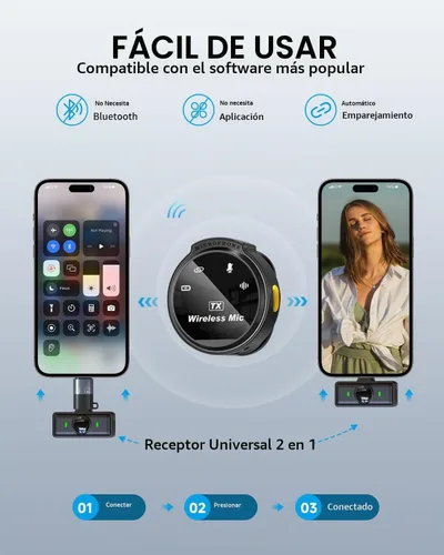 Vista 3 de Caiord - Paquete de 2 micrófonos inalámbricos de solapa para iPhone 15, Android, USB C, iPad con adaptador incluido, mini micrófono de solapa