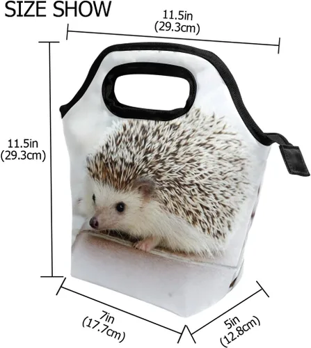 Vista 3 de senya Bolsa de almuerzo con estampado de erizo de neopreno, reutilizable, aislada, impermeable, para la escuela, picnic, transportar, gourmet