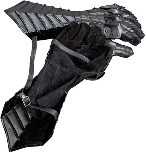 Vista 4 de Guantes medievales Nazgul negros unisex para adultos, guantes de armadura de acero suave, guantes cruzados LARP guanteletes par réplica de disfraz