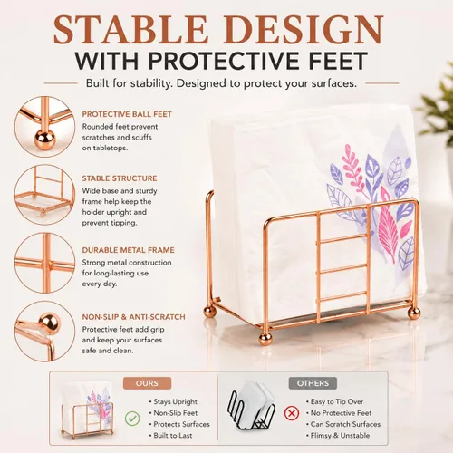 Vista 3 de Creative Home Servilletero de alambre de oro rosa para mesa, organizador de servilletas de metal chapado en cobre para encimera de cocina, mesa