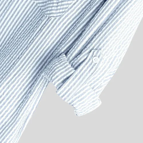 Vista 5 de Camisa Henley de lino a rayas para hombre, estilo vintage, con bolsillo, manga 34, con medio botón, ajuste holgado, estilo hippie, Azul Patchwork, M