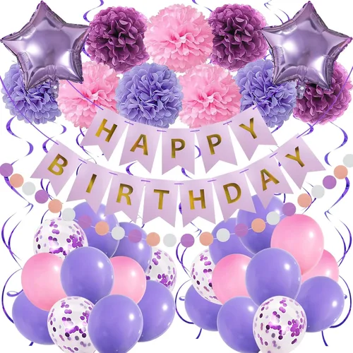 Vista 10 de Decoraciones de fiesta moradas con pancarta, suministros de compromiso, aniversario y cumpleaños para mujeres y niñas Morado