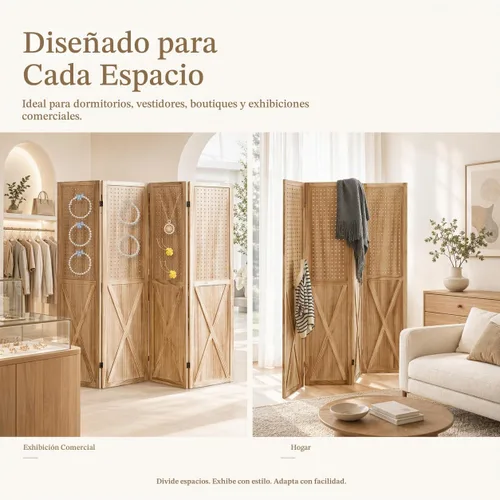 Vista 4 de Divisor de Habitación de Madera con Tablero Perforado de 4 Paneles, Pantalla de Privacidad Plegable con Exhibidor de Tablero Perforado de 5.6 Pies 4