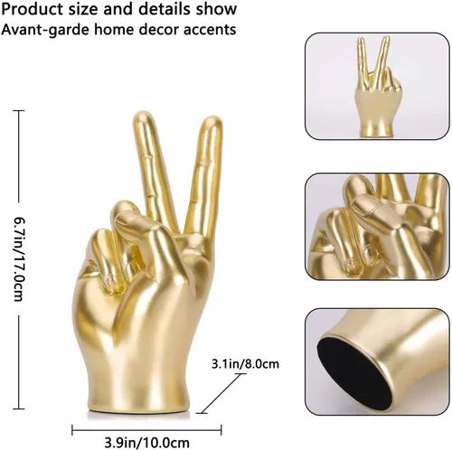 Vista 2 de LCCCK Escultura de mano dorada para decoración de signo de paz, estatua de mano de gesto genial para estantes, regalo extraño escultura funky
