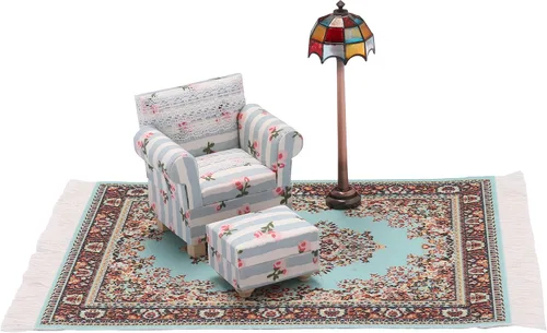 Vista 7 de Sofá de casa de muñecas con otomana, sillón en miniatura, muebles de sala de estar, accesorios para muñecas de 6 pulgadas, escala 1/12, azul