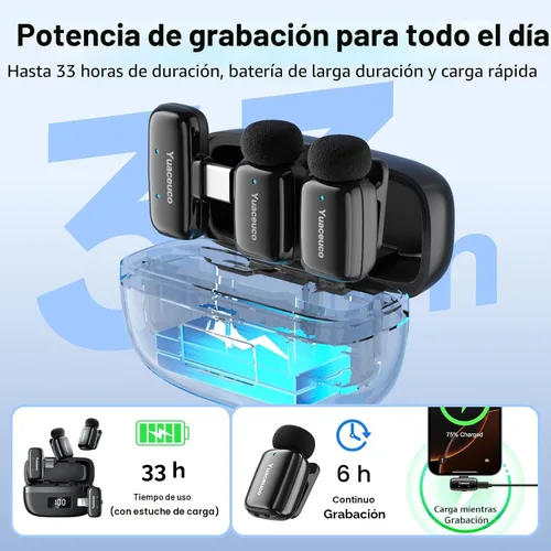 Vista 4 de Mini micrófono inalámbrico Lavalier para iPhone, iPad, Android, reducción de ruido y silencio, funda de carga de 33 horas, cambiador de voz AI