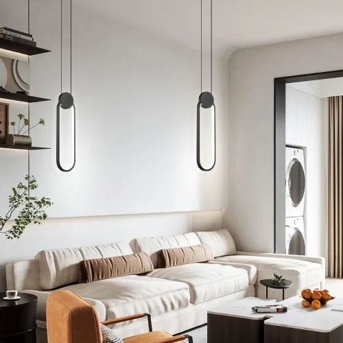 Vista 7 de Lámparas colgantes LED negras modernas, paquete de 2 unidades, diseño minimalista, iluminación colgante ovalada para isla de cocina, luz colgante