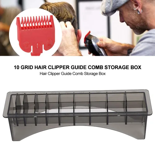 Vista 2 de Caja de almacenamiento rectangular de plástico para peine de guía, 10 rejillas para cortapelos, soporte de guardia, caja maestra con peines