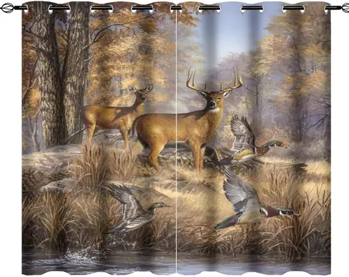 Vista 41 de Cortinas opacas rústicas de cabaña con osos y ciervos - Juego de cortinas de ventana con ojales de temática de granja abstracta, caza, animal