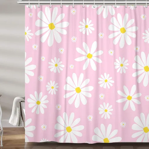 Vista 6 de Cortina de ducha con diseño floral de margaritas azules para caravana, remolque, baño, lindo juego de cortinas de ducha de tela estrecha y corta
