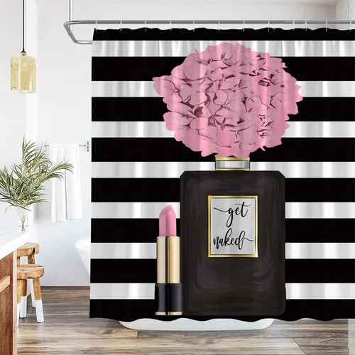 Vista 8 de Cortina de ducha negra con diseño de flores para niña, mujer, pintalabios, encantadora decoración de baño, juego de baño con gancho, 36 pulgadas