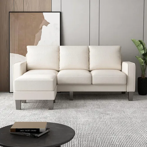 Vista 4 de Sofá modular convertible para sala de estar, sofá moderno en forma de L, sofás de tela de 4 asientos con almacenamiento y bolsa USB y revista