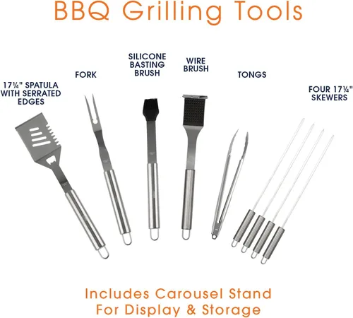Vista 3 de Juego de utensilios de barbacoa para asar Juego de herramientas de parrilla de acero inoxidable de grado profesional de 10 piezas con carrusel