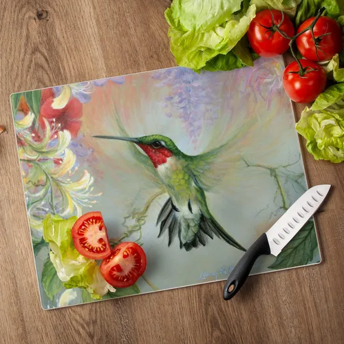 Vista 6 de Ruby Hummingbird Natures Gift of Feathers Tabla de cortar grande de vidrio templado Highland Graphics Tabla de servir, tablero de embutidos