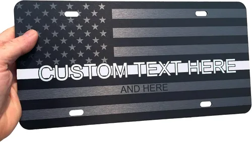 Vista 41 de JASS GRAPHIX Placa de matrícula personalizada con la bandera estadounidense de línea amarilla, homenaje personalizado a despachadores y operadores