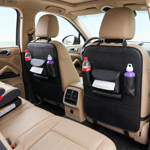 Vista 9 de Paquete de 2 organizadores para la parte trasera del asiento del automóvil con cubiertas universales, organizadores de viaje en cuero sintético
