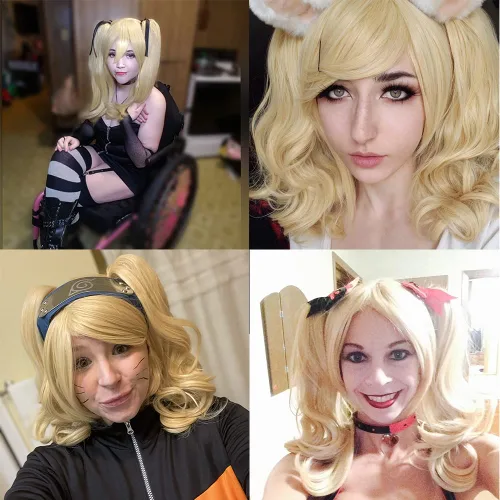 Vista 3 de Tsnomore - Peluca Cosplay, pelo rizado, largo mediocon colitas, Rubio
