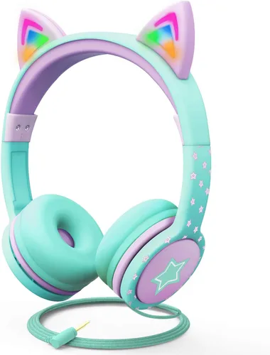 Vista 11 de FosPower Audífonos para niños con orejas de gato LED (límite de volumen seguro de 85dB), audífonos con cable suave de 3.5mm con orejeras y cables