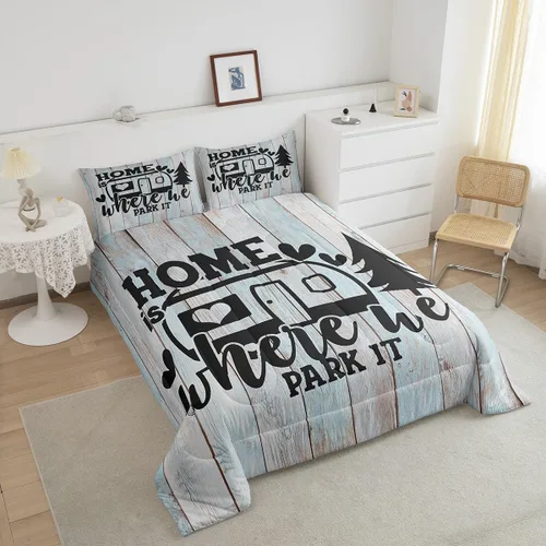 Vista 5 de Juego de edredón rústico de estilo granja para cama Queen, juego de cama divertido donde estacionamos, con 2 fundas de almohada, explore regalos