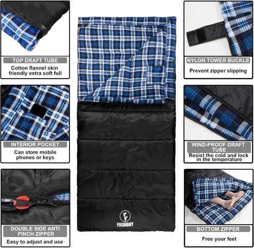 Vista 6 de Cotton Flannel Sleeping Bag for Adults, Camping Sleeping Bag Envelope,Big & Tall,Cold Weather Backpacking Or Hiking,Lightweight Waterproof with