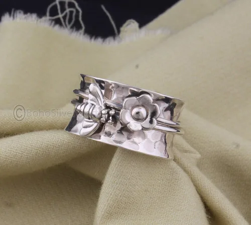 Vista 3 de Bee Spinner Ring, 925 Silver Ring, Handmade Spinner Ring, Gift For Wife, Wide Band Ring, Spiritual Ring Women, Fidget Flower Ring, Thumb Spinner